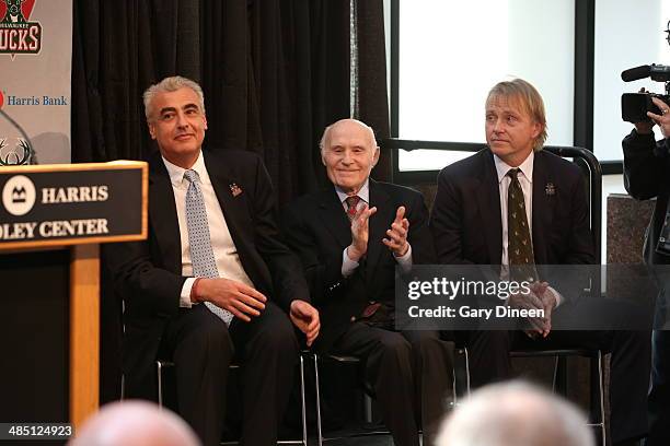 Milwaukee Bucks president and owner Herb Kohl introduces new owners Marc Lasry and Wesley Edens at a press conference on April 16, 2014 at the BMO...