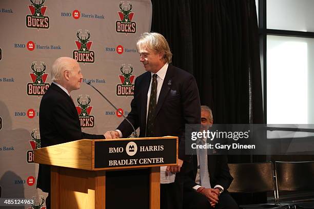 Milwaukee Bucks president and owner Herb Kohl introduces new owners Marc Lasry and Wesley Edens at a press conference on April 16, 2014 at the BMO...