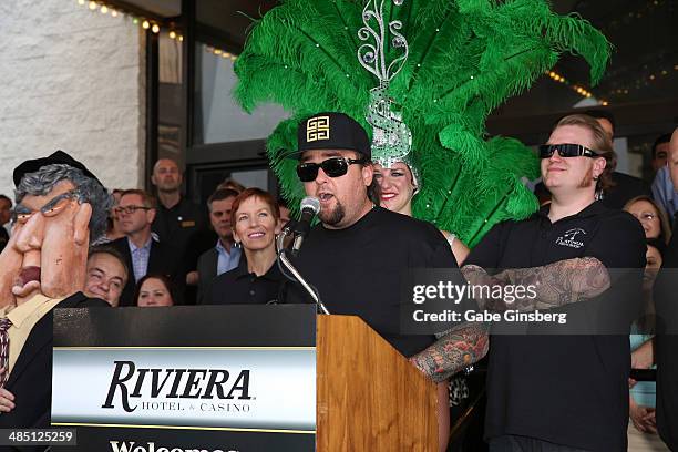 Television personality Austin "Chumlee" Russell from History's "Pawn Stars" television series speaks to the media at the Riviera Hotel & Casino on...