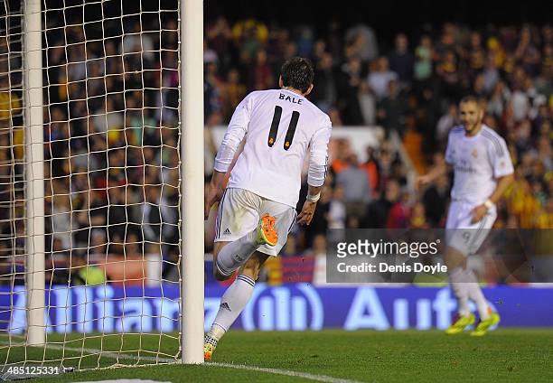 Gareth Bale of Real Madrid reacts after scoring Real's 2nd goal during the Copa del Rey Final between Real Madrid and Barcelona at Estadio Mestalla...