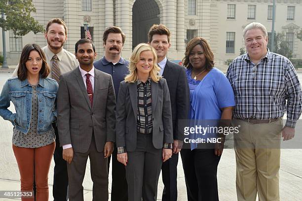 Moving Up" Episode 621/622 -- Pictured: Aubrey Plaza as April Ludgate, Chris Pratt as Andy Dwyer, Aziz Ansari as Tom Haverford, Nick Offerman as Ron...