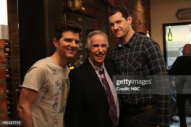 Moving Up" Episode 621/622 -- Pictured: Adam Scott as Ben Wyatt, Henry Winkler as Dr. Saperstein, Billy Eichner as Craig --