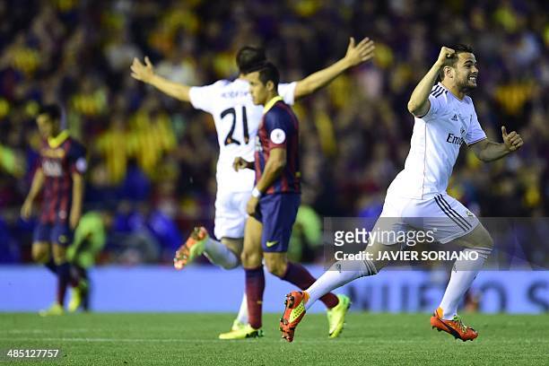 Real Madrid's midfielder Nacho celebrates after winning the Spanish Copa del Rey final "Clasico" football match FC Barcelona vs Real Madrid CF at the...