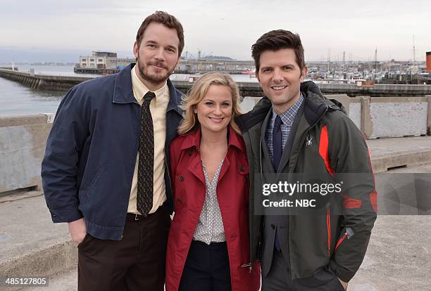 Moving Up" Episode 621/622 -- Pictured: Chris Pratt as Andy Dwyer, Amy Poehler as Leslie Knope, Adam Scott as Ben Wyatt --