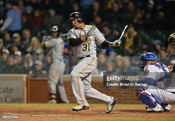 Jose Tabata of the Pittsburgh Pirates bats during the seventh inning against the Chicago Cubs at Wrigley Field on April 8, 2014 in Chicago, Illinois....