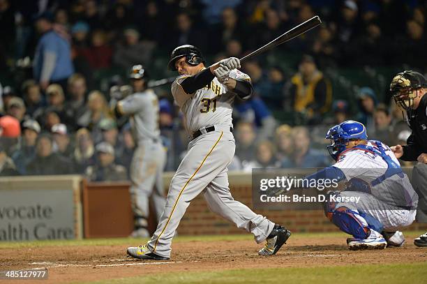 Jose Tabata of the Pittsburgh Pirates bats during the seventh inning against the Chicago Cubs at Wrigley Field on April 8, 2014 in Chicago, Illinois....