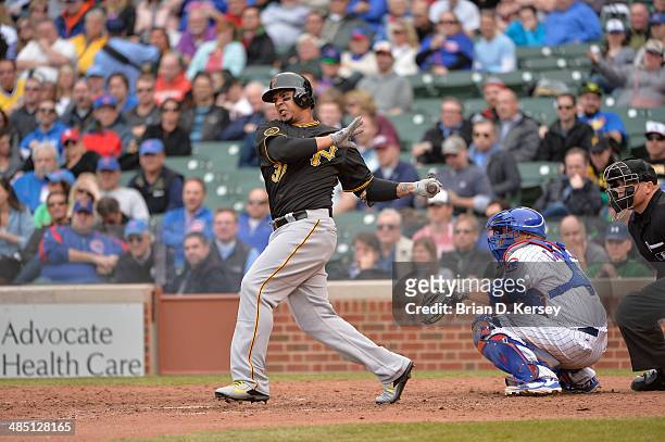 Jose Tabata of the Pittsburgh Pirates bats during the seventh inning against the Chicago Cubs at Wrigley Field on April 10, 2014 in Chicago,...