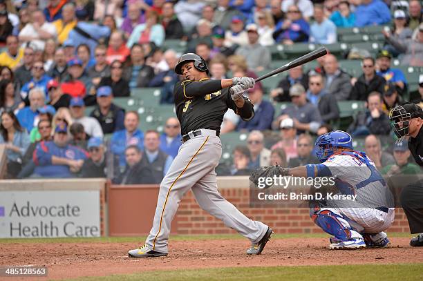 Jose Tabata of the Pittsburgh Pirates bats during the seventh inning against the Chicago Cubs at Wrigley Field on April 10, 2014 in Chicago,...