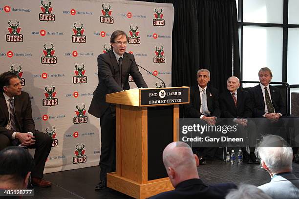 Milwaukee County Executive Chris Abele, Milwaukee Bucks president and owner Herb Kohl introduces new owners Marc Lasry and Wesley Edens at a press...