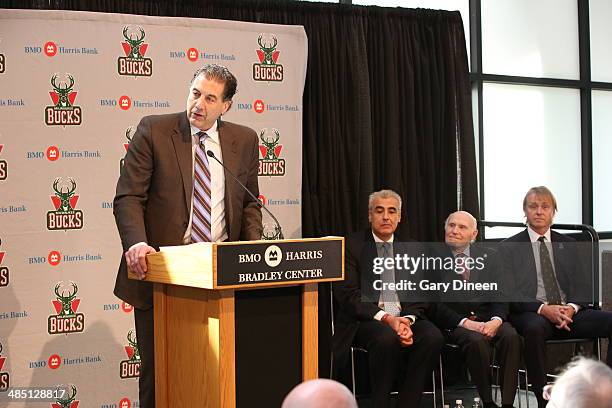 Marc Marotta, Milwaukee Bucks president and owner Herb Kohl introduces new owners Marc Lasry and Wesley Edens at a press conference on April 16, 2014...