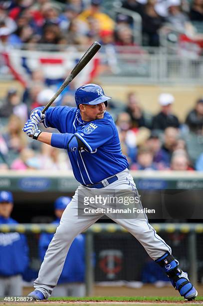 Billy Butler of the Kansas City Royals bats against the Minnesota Twins during the game on April 12, 2014 at Target Field in Minneapolis, Minnesota.