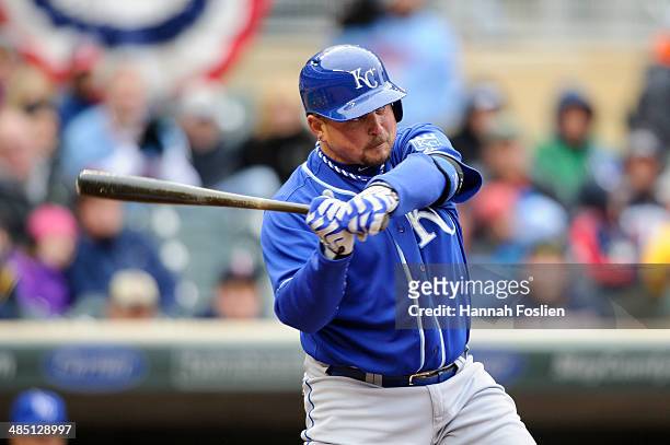 Billy Butler of the Kansas City Royals bats against the Minnesota Twins during the game on April 13, 2014 at Target Field in Minneapolis, Minnesota....