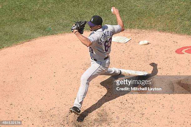 Rafael Betancourt of the Colorado Rockies pitches during a baseball game against the Washington Nationals at Nationals Park at on August 9, 2015 in...