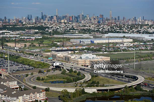 Manhattan skyline behind Secaucus Train Station