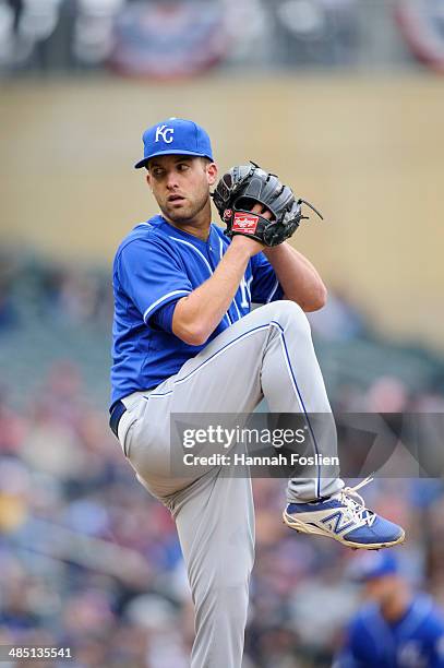 Danny Duffy of the Kansas City Royals delivers a pitch against the Minnesota Twins during the game on April 12, 2014 at Target Field in Minneapolis,...