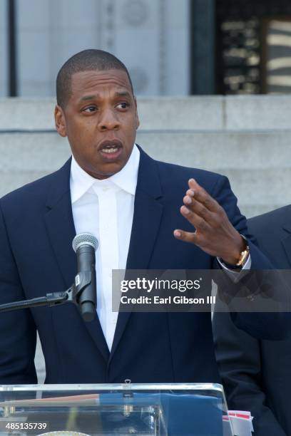 Shawn "Jay-Z" Carter announces the "Budweiser Made In America" Music Festival at Los Angeles City Hall on April 16, 2014 in Los Angeles, California.