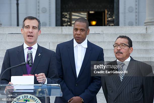 Mayor Eric Garcetti, Shawn "Jay-Z" Carter and Herb Wesson annouce the "Budweiser Made In America" Music Festival at Los Angeles City Hall on April...
