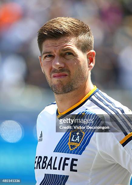 Steven Gerrard of Los Angeles Galaxy looks on during singing of the national anthem prior to the MLS match against the New York City FC at StubHub...
