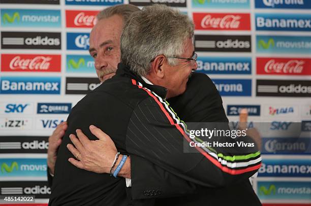 Ricardo Ferretti head coach of Mexico and Decio de Maria President of FEMEXFUT hug during a press conference to unveil him as new coach of Mexico at...