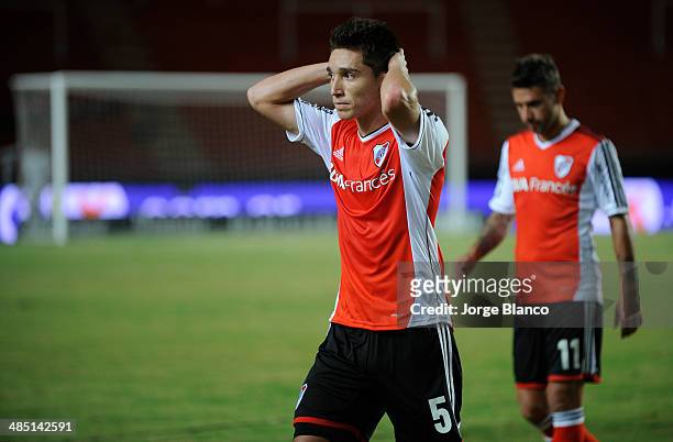 Gaston Gil Romero of River Plate looks dejected after a match between Estudiantes and River Plate as part of 14th round of Torneo Final 2014 at...