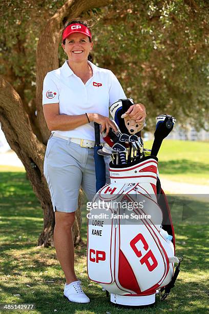 Lorie Kane of Canada poses with her bag after the first round of the LPGA LOTTE Championship Presented by J Golf on April 16, 2014 in Kapolei, Hawaii.