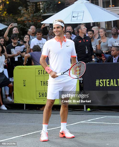 Tennis player Roger Federer attends Nike's "NYC Street Tennis" Event on August 24, 2015 in New York City.