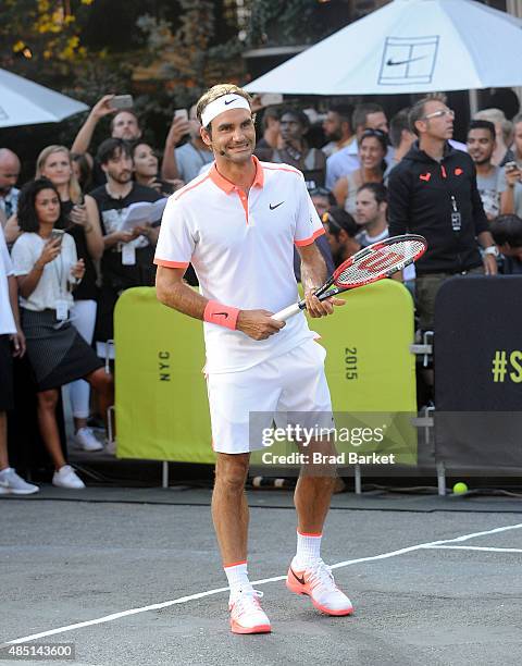 Tennis player Roger Federer attends Nike's "NYC Street Tennis" Event on August 24, 2015 in New York City.