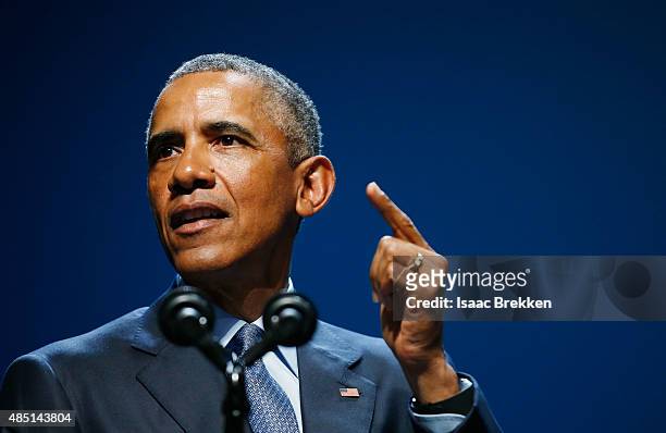 President Barack Obama delivers the keynote speech during the National Clean Energy Summit 8.0 at the Mandalay Bay Convention Center on August 24,...
