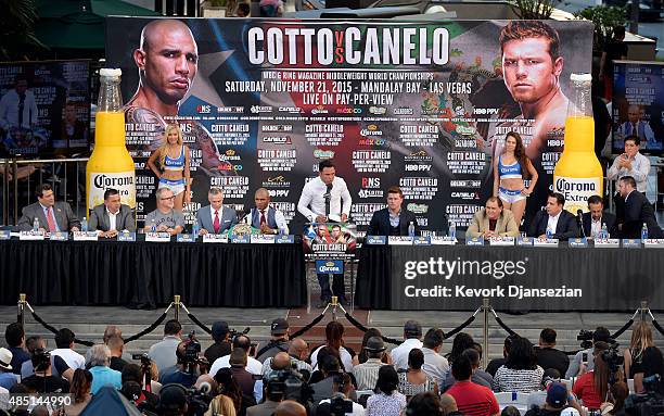 Oscar De La Hoya , Chairman and CEO, Golden Boy Promotions, speaks during a news conference to announce the WBC middleweight title bout with current...