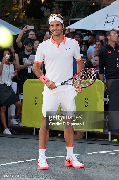 Roger Federer attends Nike's "NYC Street Tennis" event on August 24, 2015 in New York City.