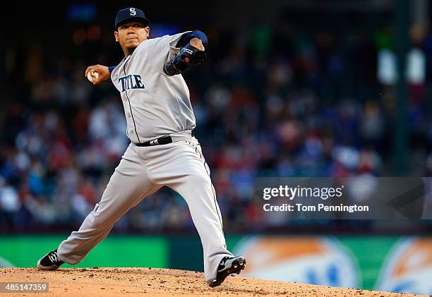 Felix Hernandez of the Seattle Mariners pitches against the Texas Rangers in the bottom of the first inning at Globe Life Park in Arlington on April...