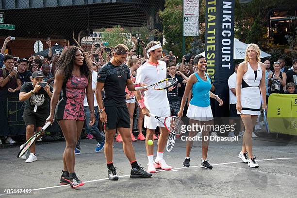 Serena Williams, Rafael Nadal, Roger Federer, Tamron Hall, and Maria Sharapova attend Nike's "NYC Street Tennis" event on August 24, 2015 in New York...