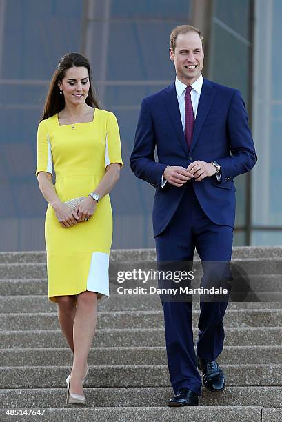 Prince William, Duke of Cambridge and Catherine, Duchess of Cambridge greet the crowds of public outside Sydney Opera House on April 16, 2014 in...