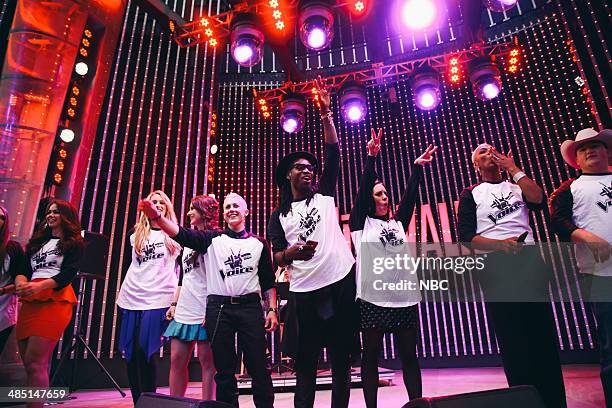 Pictured: Tess Boyer, Dani Moz, Audra McLaughlin, Kristen Merlin, Delvin Choice, Kat Perkins, Sisaundra Lewis, and Jake Worthington celebrate at the...