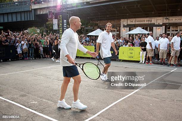 Andre Agassi and Pete Sampras attend Nike's "NYC Street Tennis" event on August 24, 2015 in New York City.