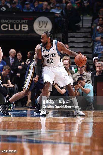 April 16: Ronny Turiaf of the Minnesota Timberwolves looks to pass the ball against the Utah Jazz during the game on April 16, 2014 at Target Center...