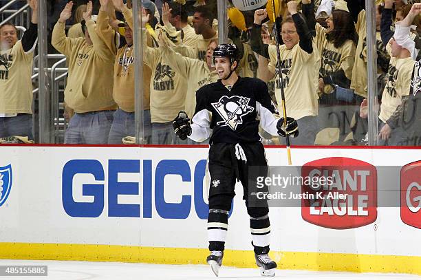 Brandon Sutter of the Pittsburgh Penguins celebrates his third period goal against the Columbus Blue Jackets in Game One of the First Round of the...