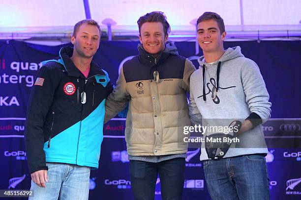 Second place James Stanton of the United States, first place Mitchell Gourley of Australia and James Whitley of Great Britain pose during the medal...