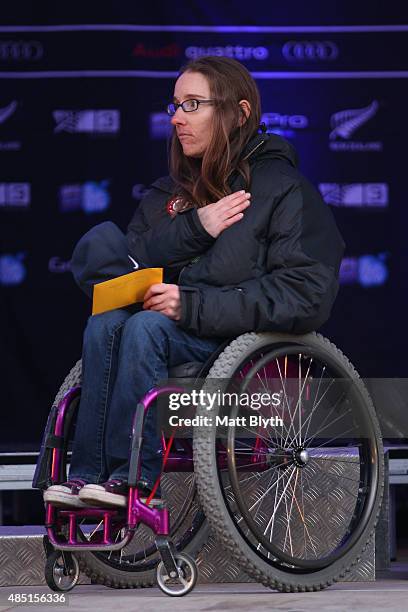 First place Laurie Stephens of the United States poses during the medal ceremony for the Women Giant Slalom Sitting LW12-1 in the IPC Alpine Adaptive...