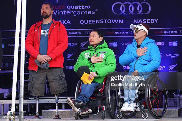 Second place Joshua Elliot of the United States, first place Sang Min Han of Korea and third place Chi Won Lee of Korea pose during the medal cermony...