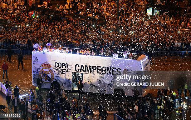 Real Madrid football squad's bus parades at Plaza Cibeles in Madrid as they celebrate their victory over Barcelona in the Spanish Copa del Rey final...