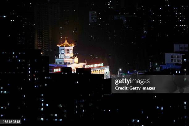 General view of Pyongyang cityscape from Yanggakdo Hotel in night on August 23, 2015 in Pyongyang, North Korea. North and South Korea today came to...