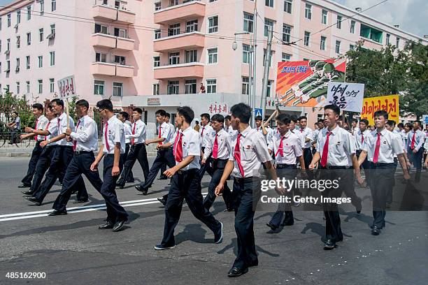 Students stage a protest against South Korea and the United States on August 23, 2015 in Pyongyang, North Korea. North and South Korea today came to...