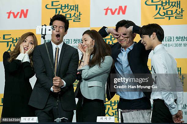 South Korean actors Kim Min-Jae, Choi Won-Young, Choi Ji-Woo, Lee Sang-Yun and Son Na-Eun of girl group Apink attend the press conference for tvN...