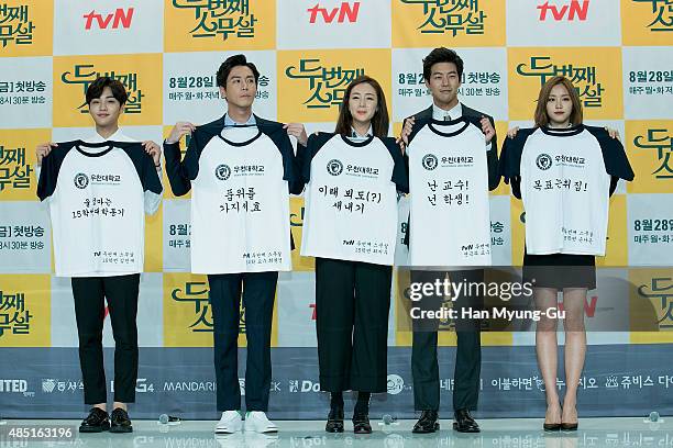 South Korean actors Kim Min-Jae, Choi Won-Young, Choi Ji-Woo, Lee Sang-Yun and Son Na-Eun of girl group Apink attend the press conference for tvN...