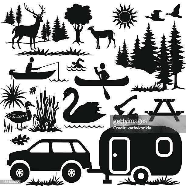 camping at the lake design elements - lake waterfowl stock illustrations