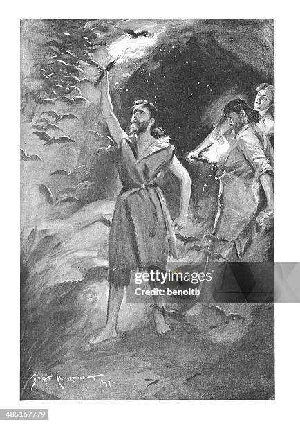 men exploring cave filled with bats - cave explorer stock illustrations