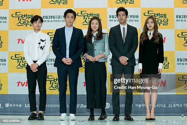 South Korean actors Kim Min-Jae, Choi Won-Young, Choi Ji-Woo, Lee Sang-Yun and Son Na-Eun of girl group Apink attend the press conference for tvN...