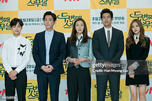 South Korean actors Kim Min-Jae, Choi Won-Young, Choi Ji-Woo, Lee Sang-Yun and Son Na-Eun of girl group Apink attend the press conference for tvN...