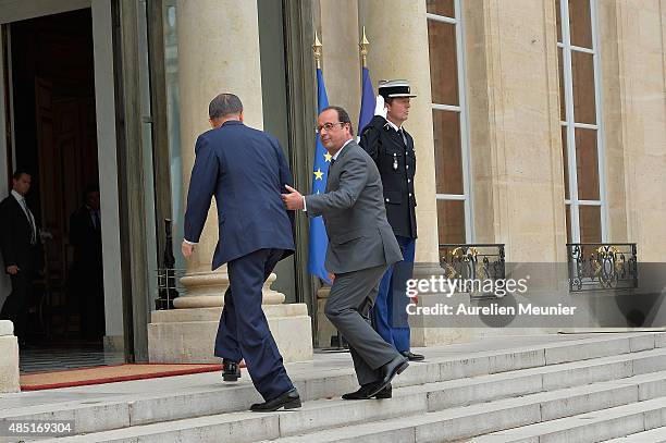 French President Francois Hollande receives United Nations Secretary General Ban Ki-Moon for a lunch at Elysee Palace on August 25, 2015 in Paris,...